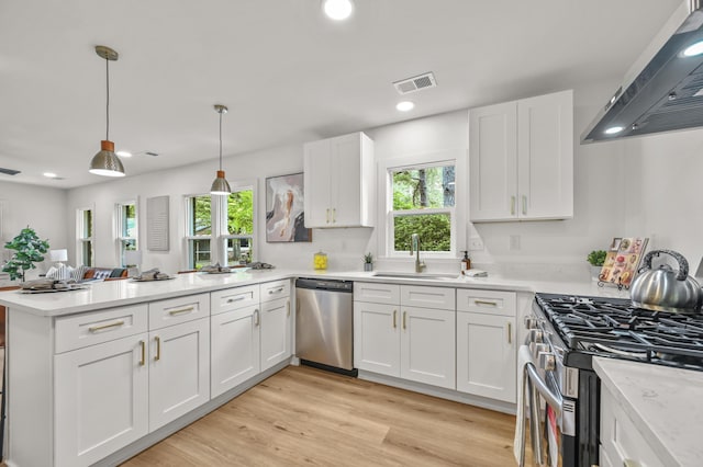 217 Quaker Rd, Saint George, SC 29477 - kitchen with appliances with stainless steel finishes, a sink, wall chimney exhaust hood, a peninsula, and plenty of natural light