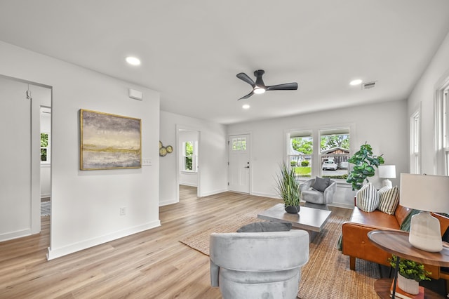 217 Quaker Rd, Saint George, SC 29477 - living room featuring light wood-style flooring, a ceiling fan, recessed lighting, and baseboards
