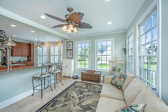 544 Two Mile Run, Johns Island, SC 29455 - living area featuring plenty of natural light, crown molding, ceiling fan, recessed lighting, and light tile patterned flooring