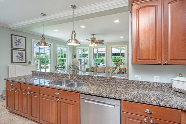 544 Two Mile Run, Johns Island, SC 29455 - kitchen featuring dishwasher, ornamental molding, brown cabinetry, dark stone countertops, and recessed lighting