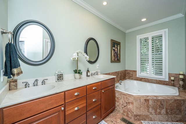 544 Two Mile Run, Johns Island, SC 29455 - bathroom featuring double vanity, ornamental molding, a tub with jets, and recessed lighting