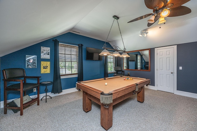 544 Two Mile Run, Johns Island, SC 29455 - rec room featuring carpet flooring, lofted ceiling, ceiling fan, and pool table