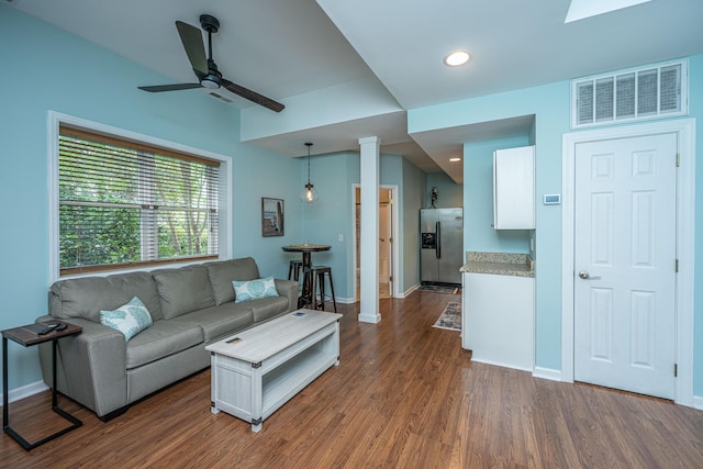 544 Two Mile Run, Johns Island, SC 29455 - living room featuring dark wood-type flooring, ceiling fan, decorative columns, and recessed lighting