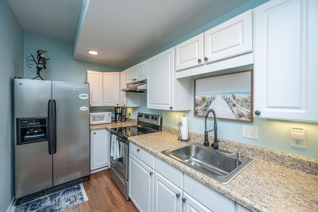 544 Two Mile Run, Johns Island, SC 29455 - kitchen with stainless steel appliances, recessed lighting, under cabinet range hood, dark wood-type flooring, and white cabinets