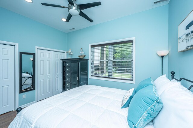 544 Two Mile Run, Johns Island, SC 29455 - bedroom with wood finished floors, two closets, a ceiling fan, and recessed lighting