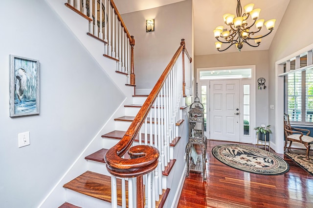 544 Two Mile Run, Johns Island, SC 29455 - foyer with wood finished floors, a chandelier, stairs, and high vaulted ceiling
