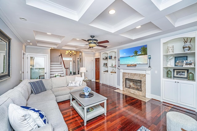 544 Two Mile Run, Johns Island, SC 29455 - living room with stairs, coffered ceiling, a fireplace, hardwood / wood-style flooring, and ornamental molding