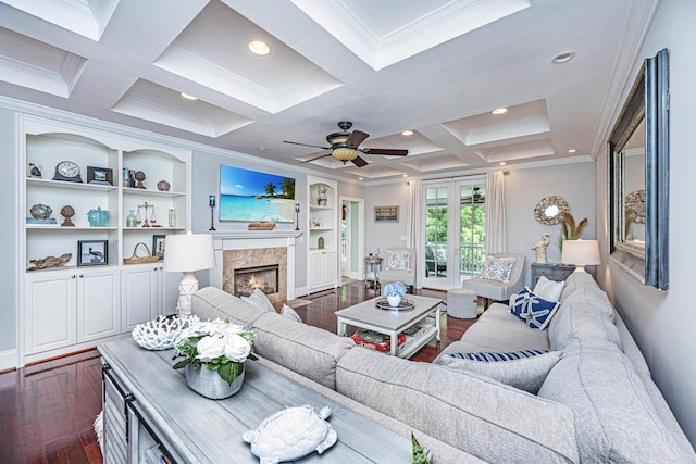 544 Two Mile Run, Johns Island, SC 29455 - living room featuring dark wood-style floors, ornamental molding, coffered ceiling, a fireplace with flush hearth, and beamed ceiling