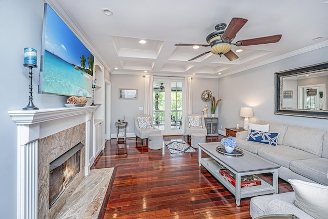 544 Two Mile Run, Johns Island, SC 29455 - living area with a ceiling fan, a premium fireplace, hardwood / wood-style flooring, ornamental molding, and recessed lighting