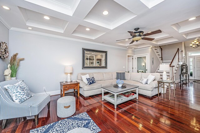 544 Two Mile Run, Johns Island, SC 29455 - living room featuring coffered ceiling, stairs, wood-type flooring, ornamental molding, and beamed ceiling