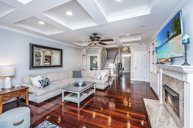 544 Two Mile Run, Johns Island, SC 29455 - living area with coffered ceiling, stairs, hardwood / wood-style floors, a high end fireplace, and beam ceiling