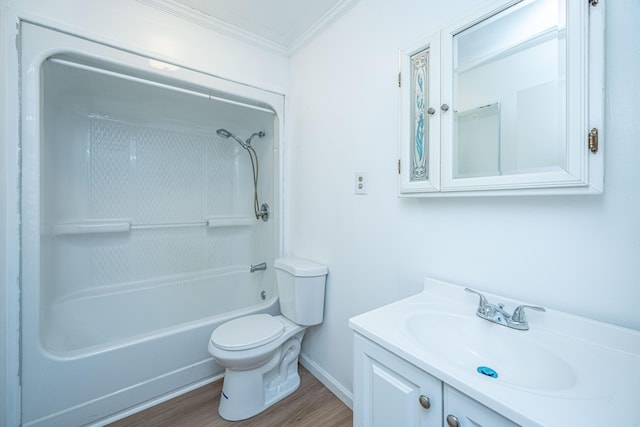 full bathroom with vanity, bathing tub / shower combination, crown molding, wood-type flooring, and toilet