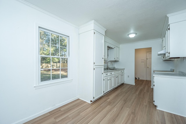 kitchen with white cabinetry, crown molding, light hardwood / wood-style floors, and a textured ceiling