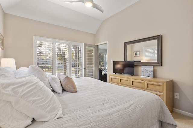 carpeted bedroom with lofted ceiling, access to exterior, and ceiling fan