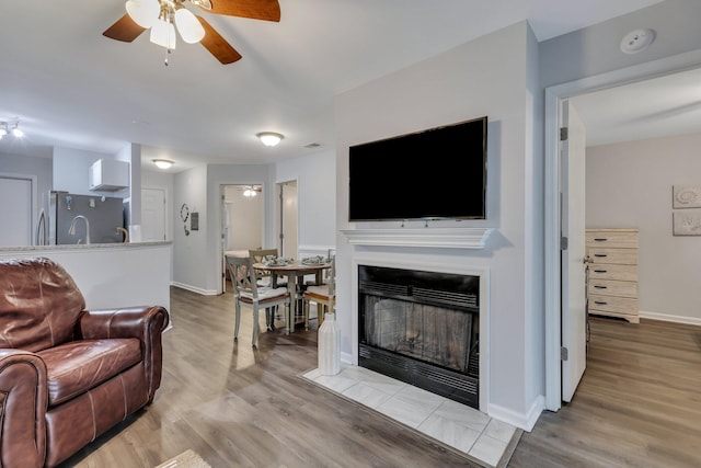 living room featuring ceiling fan and light hardwood / wood-style flooring