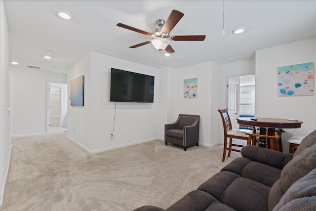 101 Caleb Ct, Ladson, SC 29456 - living room featuring light colored carpet, a ceiling fan, baseboards, and recessed lighting