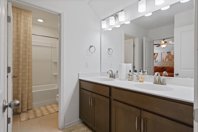 101 Caleb Ct, Ladson, SC 29456 - ensuite bathroom with ceiling fan, tile patterned flooring, double vanity, shower / bathtub combination with curtain, and toilet