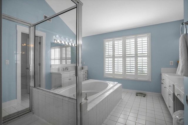 bathroom with separate shower and tub, tile patterned flooring, vanity, and lofted ceiling