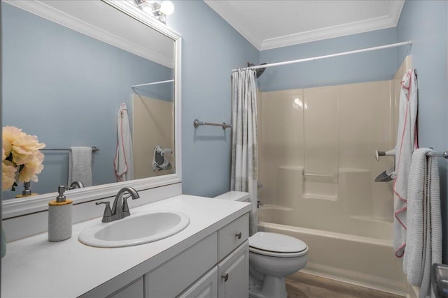 full bathroom with vanity, crown molding, toilet, shower / tub combo with curtain, and wood-type flooring