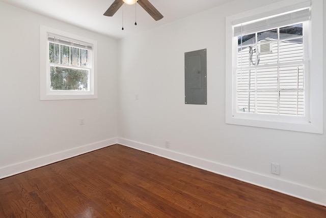 spare room featuring dark wood-type flooring, electric panel, a healthy amount of sunlight, and baseboards