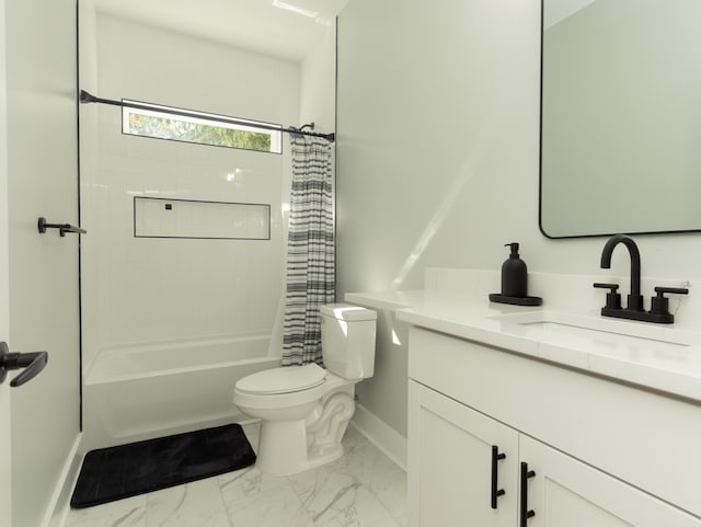 full bathroom featuring shower / tub combo, vanity, and toilet