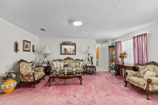 carpeted living area with a textured ceiling and visible vents