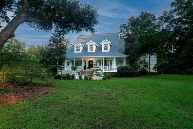 cape cod home featuring a lawn and a porch