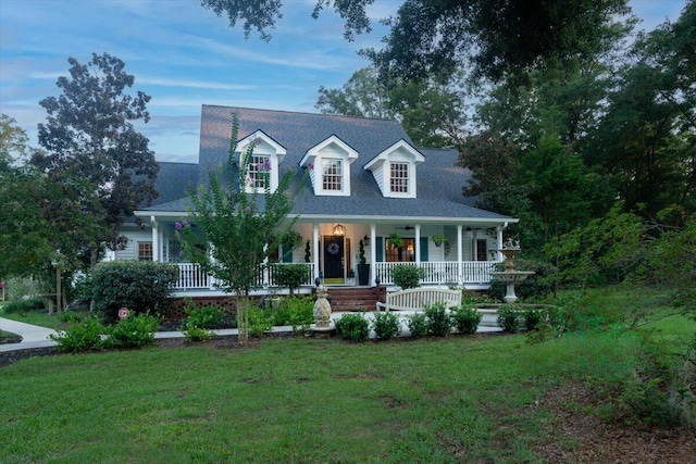 cape cod-style house with covered porch and a front lawn