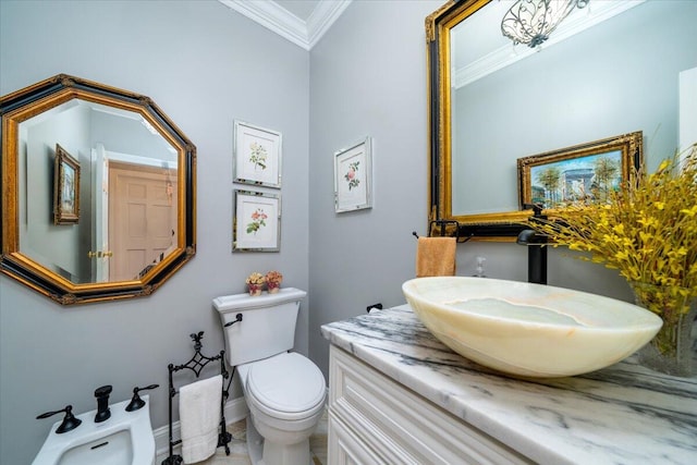 bathroom featuring a bidet, toilet, vanity, and ornamental molding