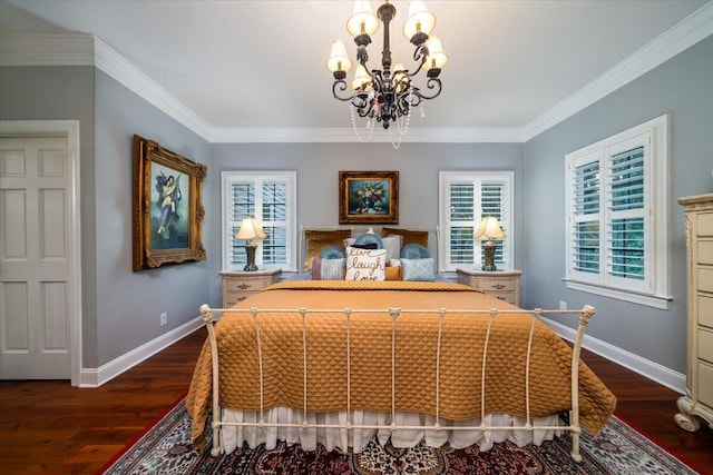 bedroom with an inviting chandelier, dark hardwood / wood-style floors, and ornamental molding