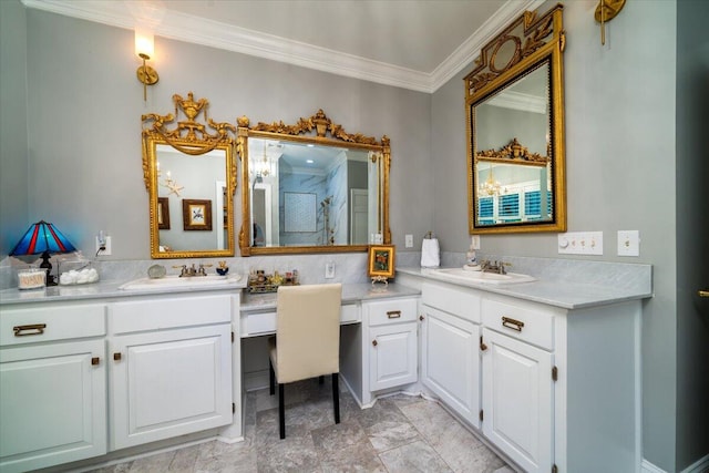 bathroom featuring tile patterned flooring, ornamental molding, and dual vanity