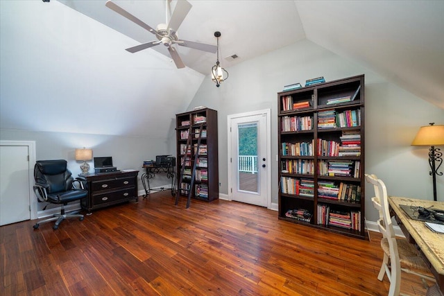 office featuring ceiling fan, lofted ceiling, and hardwood / wood-style floors