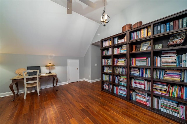 interior space with hardwood / wood-style floors, vaulted ceiling, and a notable chandelier