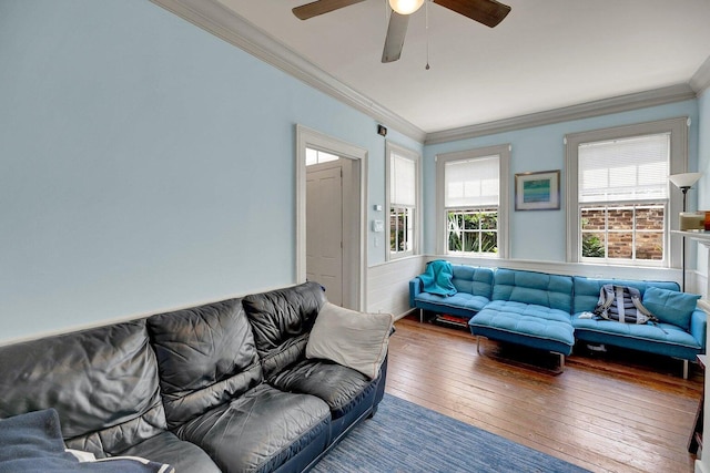 197 Coming St, Charleston, SC 29403 - living room featuring crown molding, hardwood / wood-style flooring, a ceiling fan, and wainscoting
