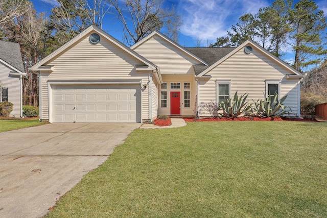 view of front facade with a garage, a front yard, and concrete driveway