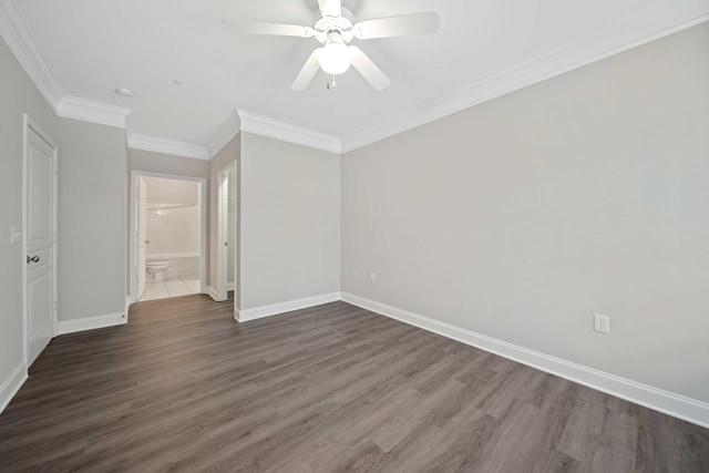 empty room with dark hardwood / wood-style floors, ceiling fan, and ornamental molding