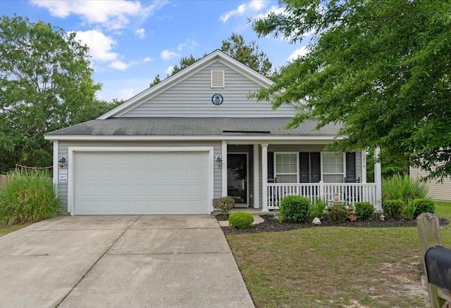 ranch-style home with concrete driveway, a porch, roof with shingles, and a garage