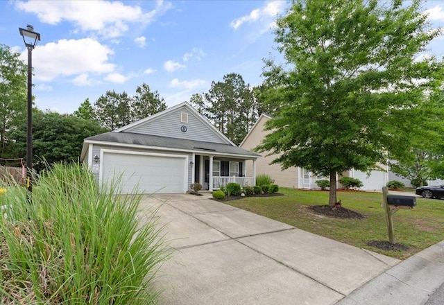 ranch-style home with concrete driveway, a porch, a front yard, and a garage