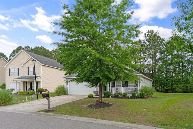 view of front facade featuring a porch, concrete driveway, an attached garage, and a front lawn