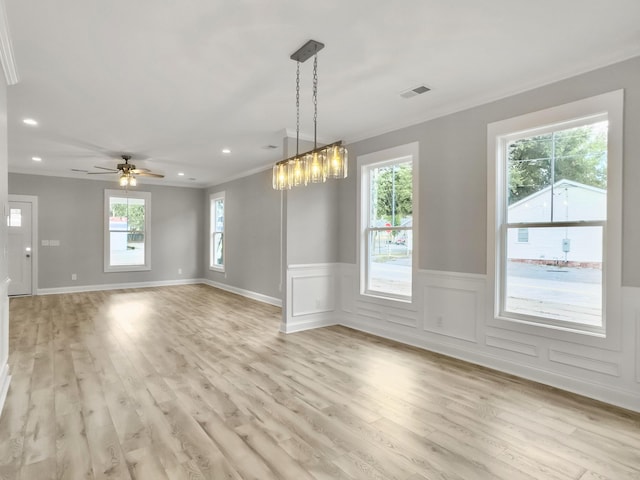 4566 Durant Ave, North Charleston, SC 29405 - unfurnished dining area with wainscoting, light wood-type flooring, ornamental molding, recessed lighting, and ceiling fan