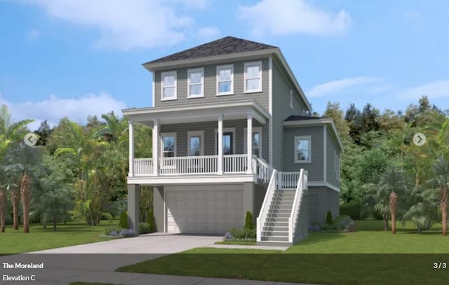 3041 Robeson Trce, Johns Island, SC 29455 - coastal inspired home featuring stairway, a front yard, concrete driveway, a porch, and an attached garage