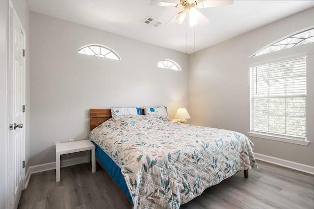 bedroom featuring multiple windows, wood finished floors, and baseboards