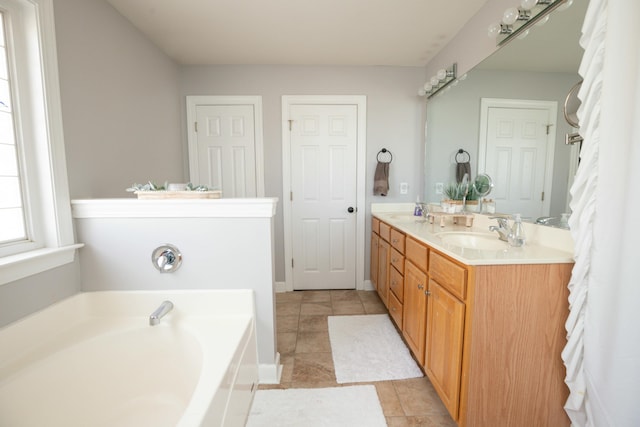 bathroom with a tub to relax in and vanity