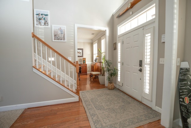 foyer with wood-type flooring and a high ceiling