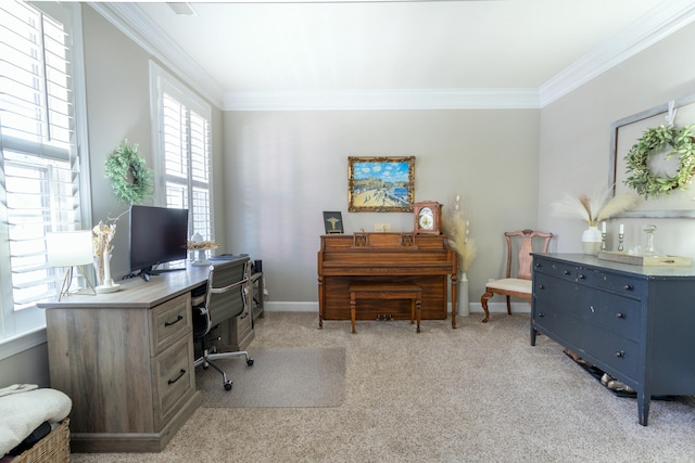 office space featuring crown molding and light carpet