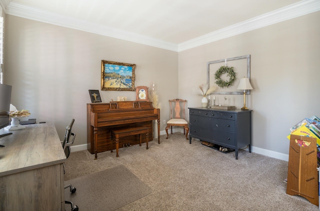 home office featuring ornamental molding and light carpet