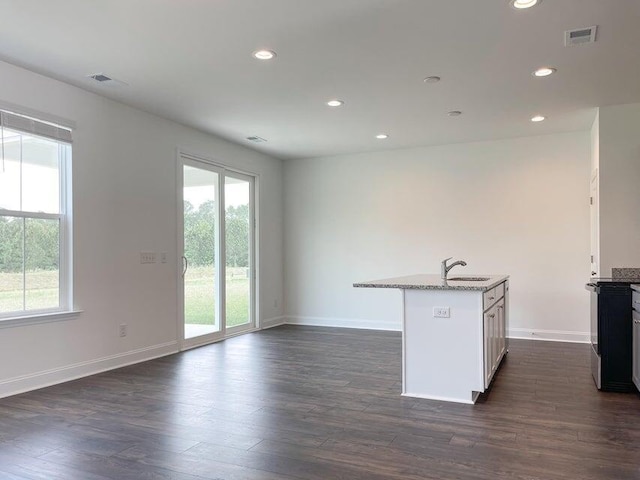 kitchen featuring visible vents, dark wood-type flooring, a sink, recessed lighting, and light stone countertops