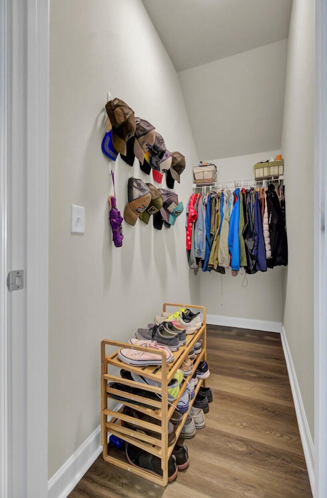 spacious closet featuring vaulted ceiling and wood-type flooring