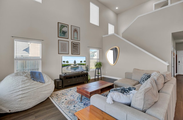 living room featuring wood-type flooring and a towering ceiling