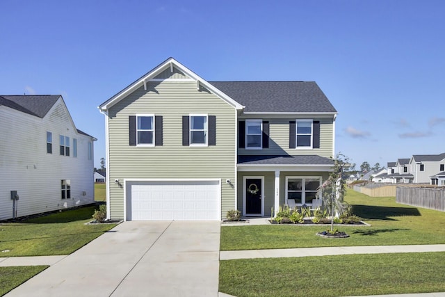 view of front facade with a garage and a front lawn